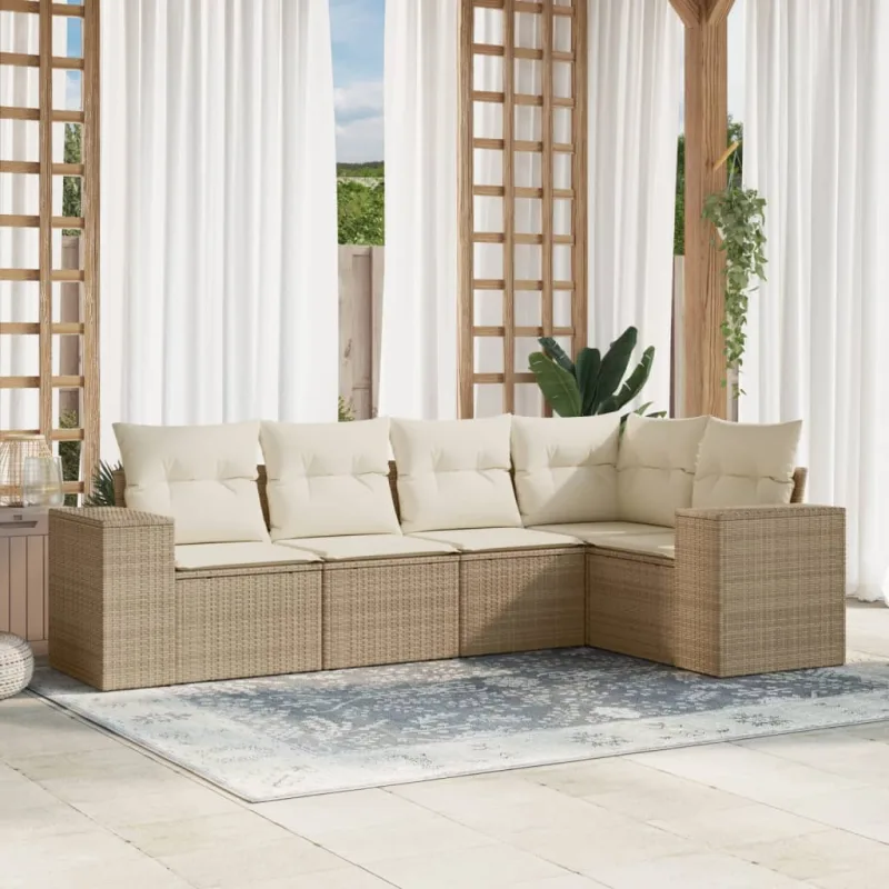 Muebles de jardín con cojines 5 piezas resina tejida beige