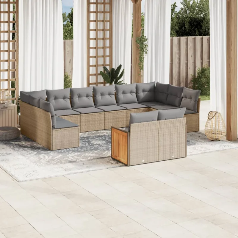 Muebles de jardín con cojines 12 piezas resina tejida beige