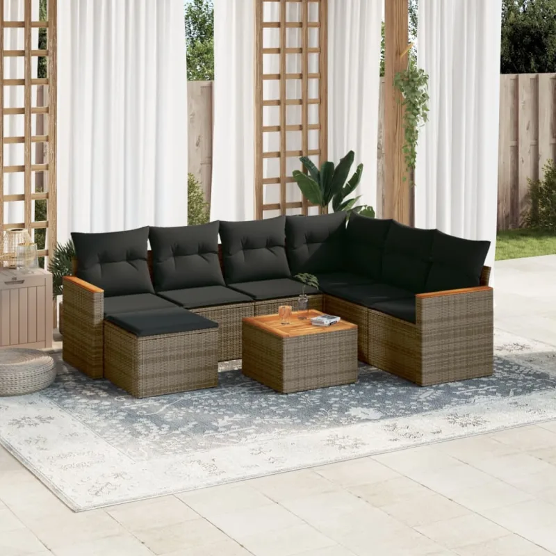 Muebles de jardín de 8 piezas con cojines de resina tejida gris.