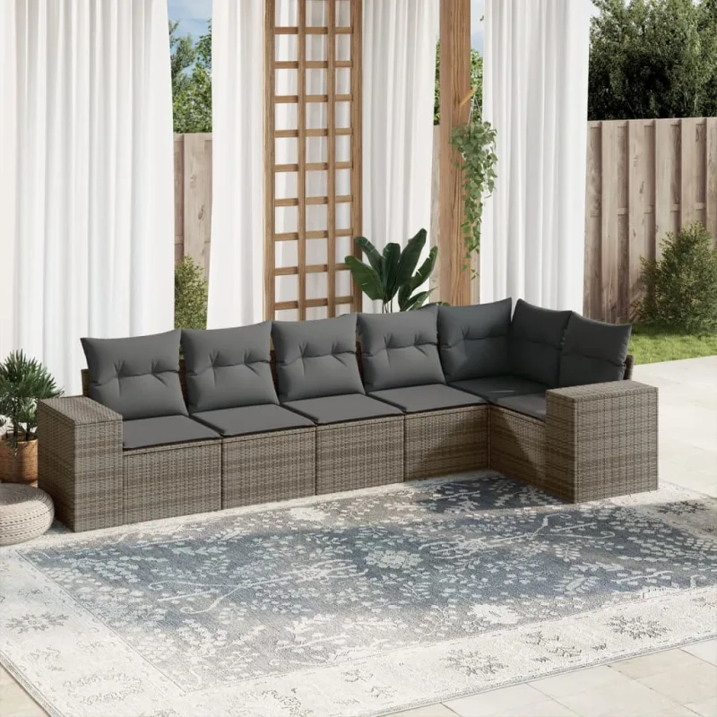 Muebles de jardín de 6 piezas con cojines de resina tejida gris.