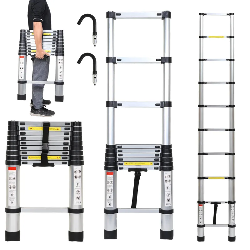 Escalera telescópica de 2,6 m, plateada + escalera extensible con gancho extensible de aluminio antideslizante, escalera extensible