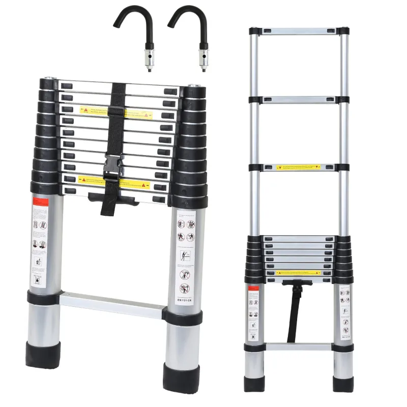 Escalera telescópica escalera extensible de aluminio ligera y antideslizante 3,2 m plateada + gancho extensible para escalera extensible