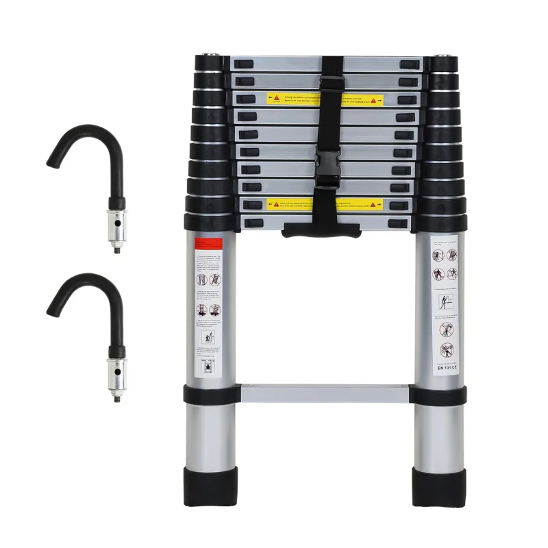 Escalera telescópica 3,2 m plateada + gancho de escalera de aluminio escalera deslizante antideslizante escalera extensible extensible