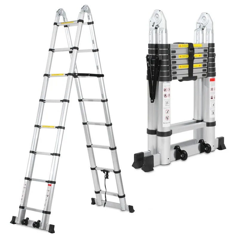 Escalera telescópica 1,9 m+1,9 m escalera extensible de aluminio plateada escalera extensible antideslizante