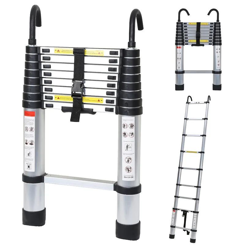 Escalera telescópica aluminio con gancho escalera tijera plata 2,6m
