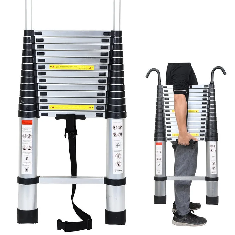 Escalera telescópica con extensión de gancho escalera de hasta 150 kg escalera de tijera estable de aluminio plateado 4,4 m