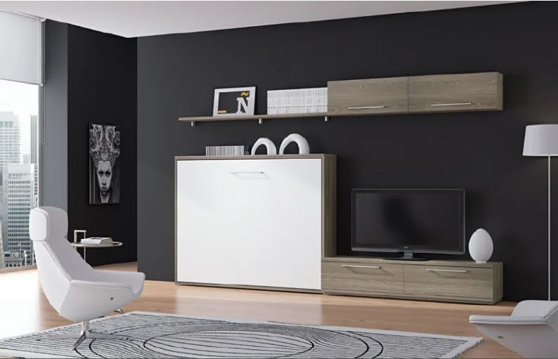 Conjunto cama plegable 140x190 cm y mueble salón optima-con colchón-encofrado blanco-frente roble 3d