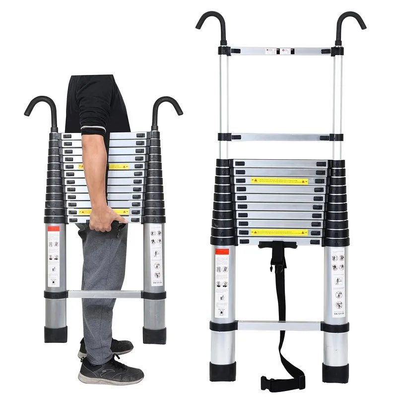 Escalera telescópica de aluminio con gancho de escalera plateado 3.8m