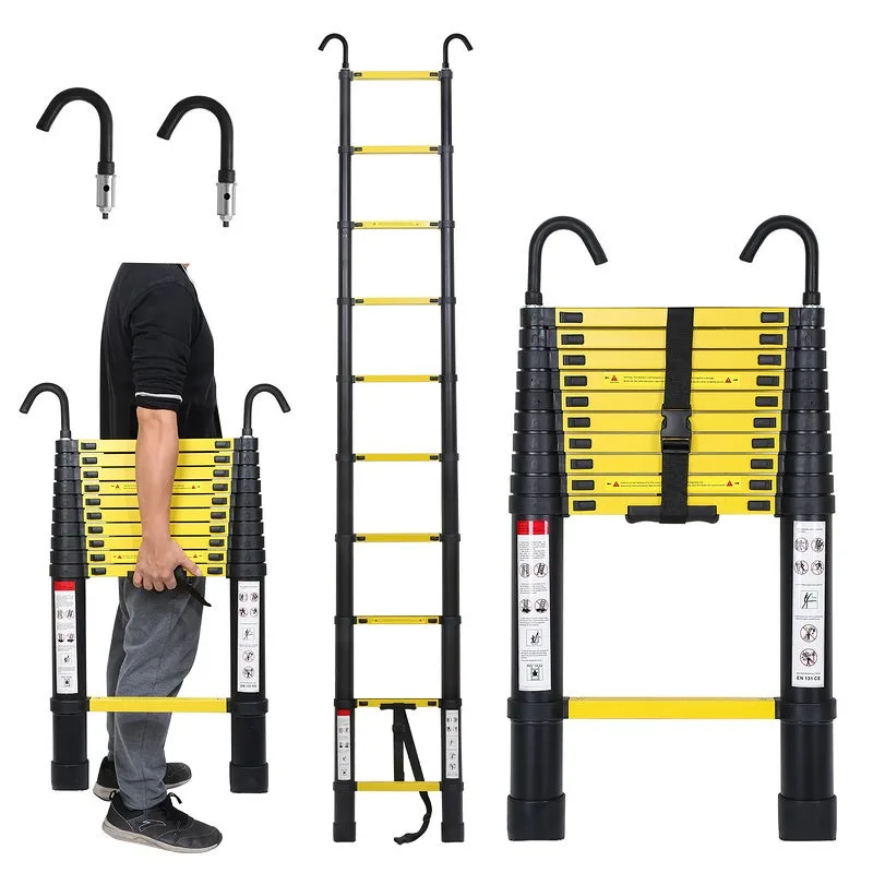 Escalera telescópica con extensión de gancho escalera de hasta 150 kg escalera de tijera estable de aluminio negro + amarillo 3,2 m
