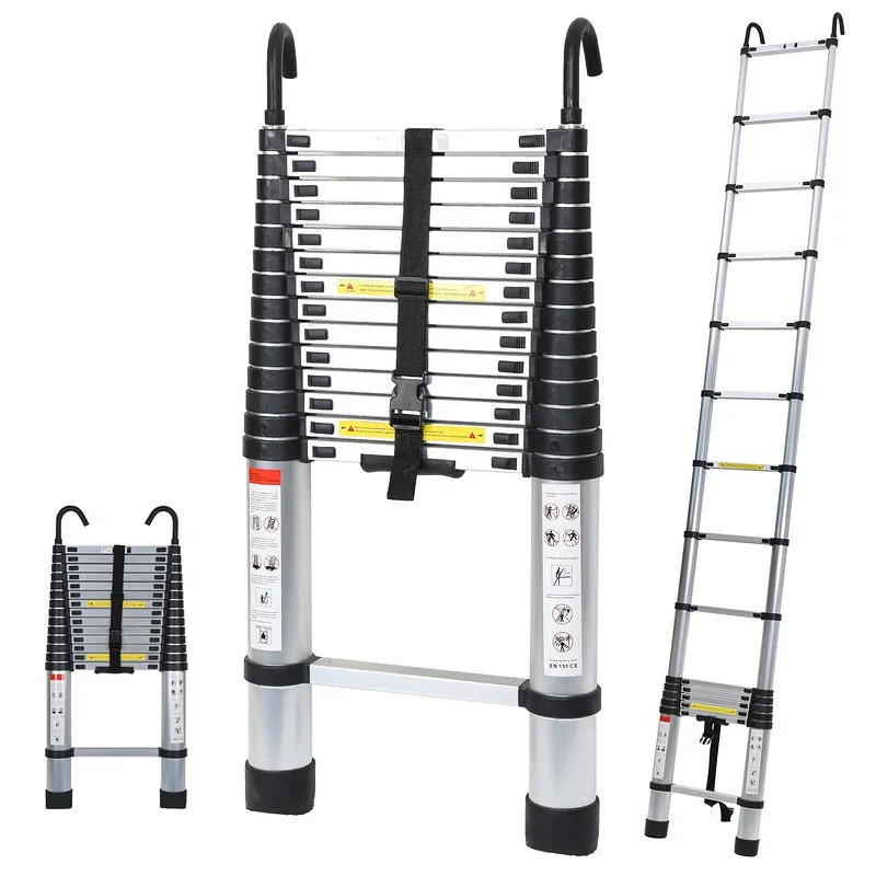 Escalera telescópica con extensión de gancho escalera de hasta 150 kg escalera de tijera estable de aluminio plateado 4,4 m