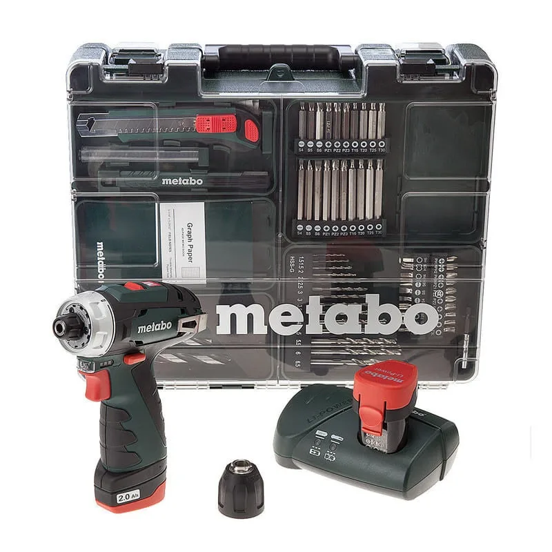 Metabo - taladro atornillador a batería 10,8 v 2x2ah li-ion con caja de accesorios - powermaxx bs basic set