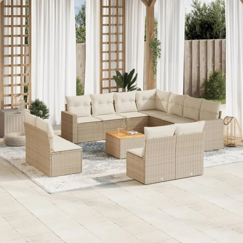Muebles de jardín con cojines 12 piezas resina tejida beige
