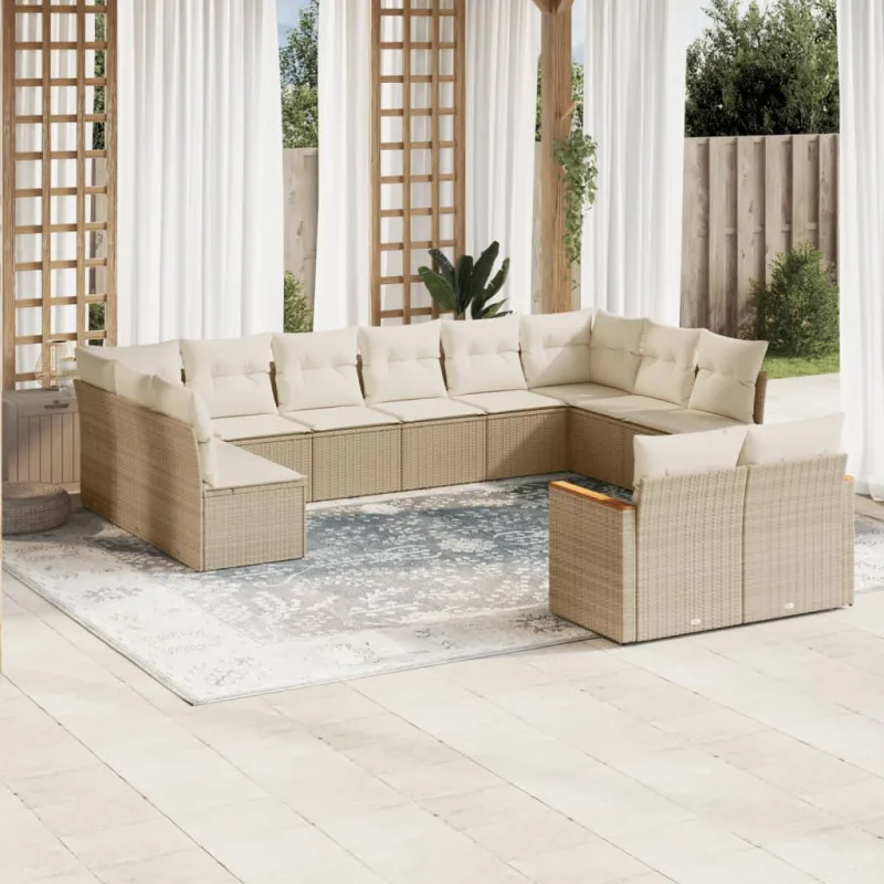 Muebles de jardín con cojines 12 piezas resina tejida beige