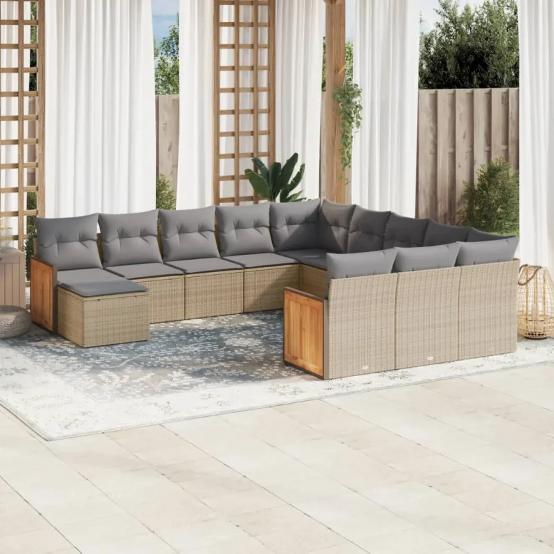 Muebles de jardín con cojines 12 piezas resina tejida beige