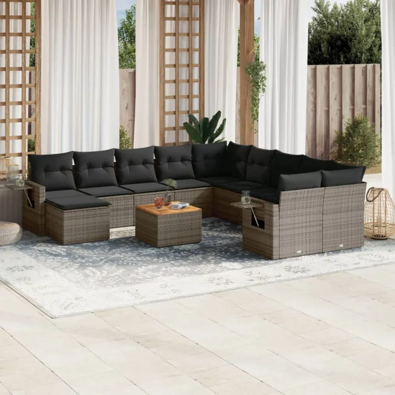 Muebles de jardín con cojines 12 piezas resina tejida gris.