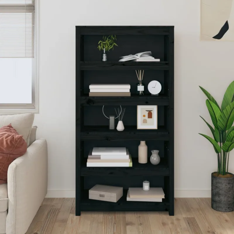 Librería negra, 80x35x154 cm, madera maciza de pino. - pangivo