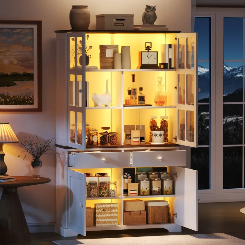 Vitrina con 2 cajones, 4 puertas de cristal e iluminación led controlada por app, 120 x 36,5 x 200 cm, mdf, blanco