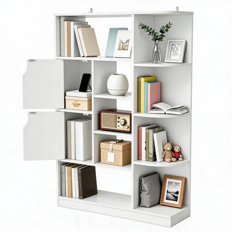 Estantería independiente balconera con 9 estantes abiertos y un mueble lateral de 2 puertas, blanco, 80an × 24pr × 120al cm