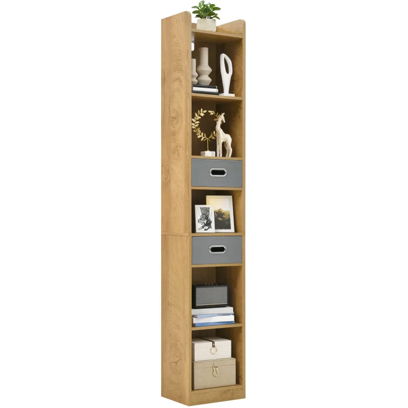 Estantería alta y estrecha balconera, librería de 5 niveles con 2 cajones de tela, color roble, 30an × 24pr × 180al cm