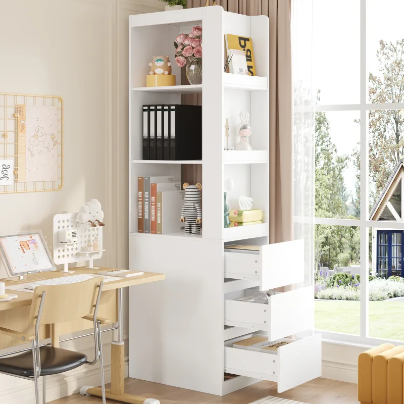 Biblioteca 60x40x200 cm con 3 cajones, 3 estanterías abiertas, antivuelco, blanco