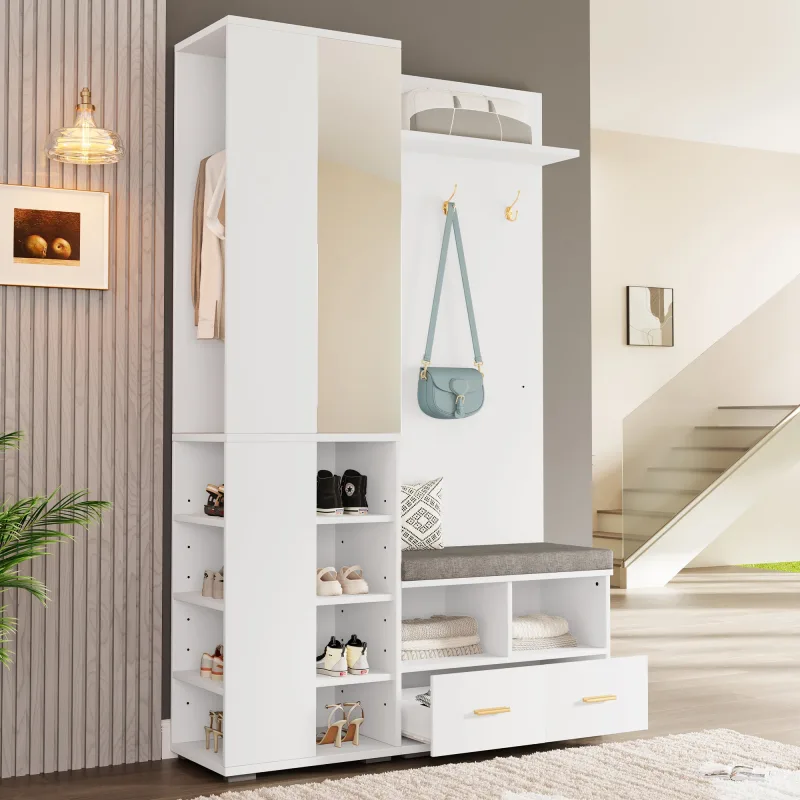 Mueble de recibidor 120x35x190 cm con espejo, banco, 3 ganchos, 2 cajones, nicho abierto, blanco