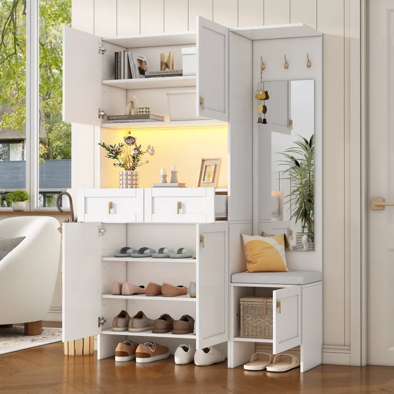 Mueble de recibidor 120x33,5x180 cm con banco, espejo, led, 5 puertas, 2 cajones, blanco