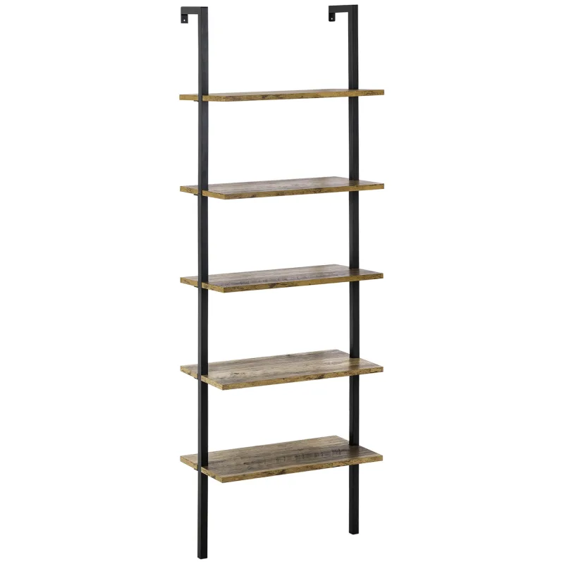 Librería de estilo industrial de 5 niveles con escalera, de madera y metal, para montar en la pared, 60 x 30 x 184,5 cm, color marrón