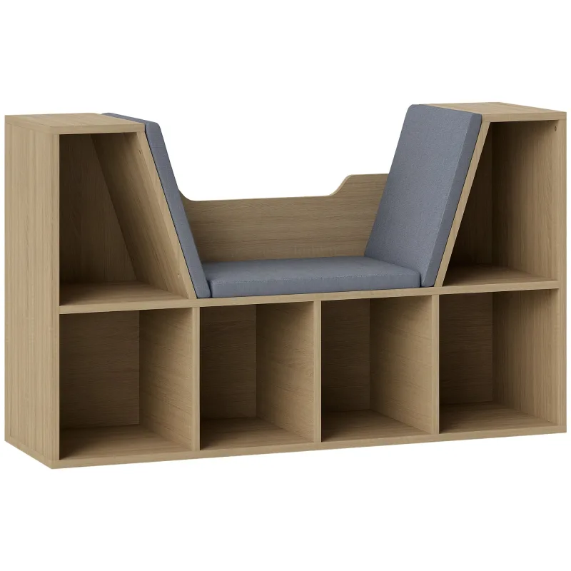 Librería con asiento estantería de libros con 6 cubos cojín para sala de estar dormitorio 102x30x61cm roble y gris