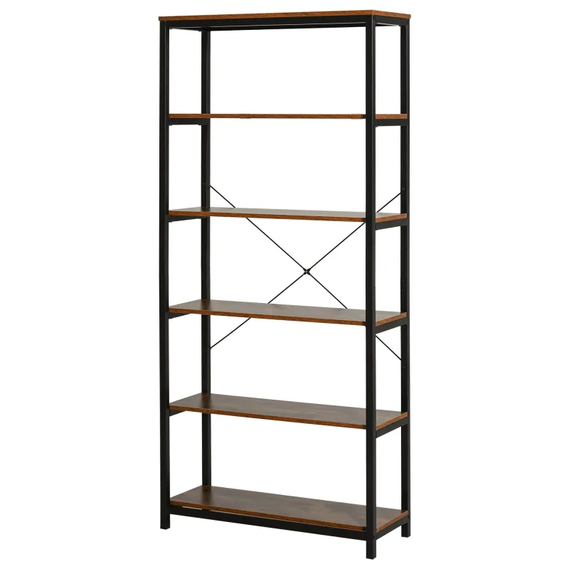 Librería vertical vintage de estilo industrial , estantería compacta con 6 baldas en madera y metal negro, 80x30x180cm