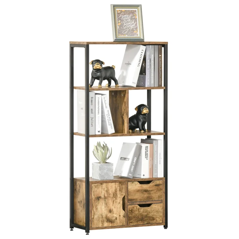 Librería de estilo industrial con 3 estantes, mueble y 2 cajones, fabricada en aglomerado y metal, 58x24x122 cm, color negro y madera