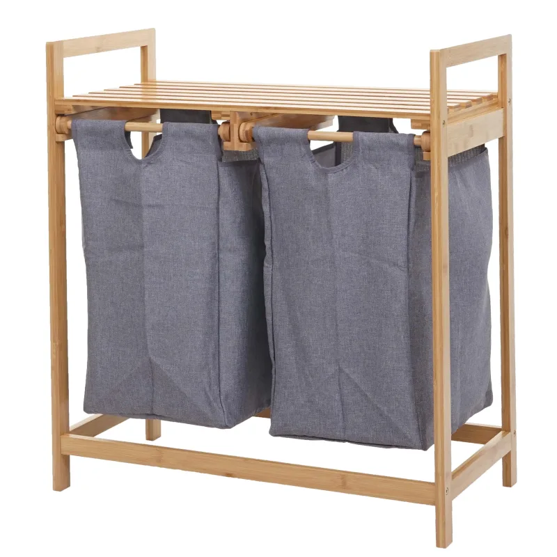 Cubo de la ropa hwc-b83, clasificador de ropa laundry basket cubo de la ropa, bambú 2 compartimentos 74x64x33cm 70l ~ gris oscuro