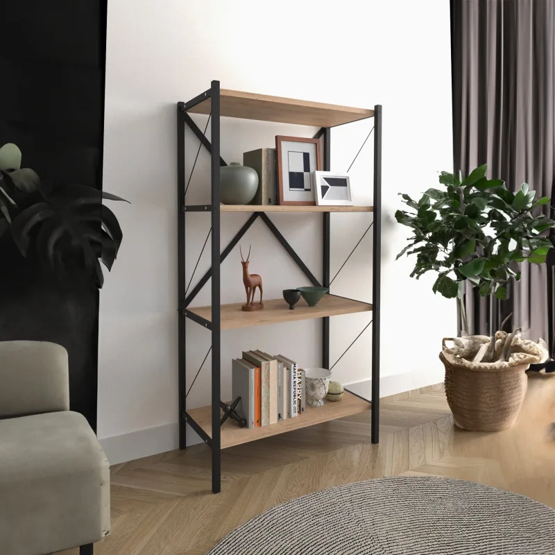 Estantería librería metálica. estilo industrial. con 4 estantes melamina color roble safir. estructura metálica negra 121x66x34cm