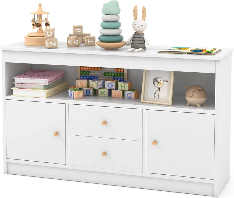 Organizador de almacenamiento de juguetes para niños, estantería con 2cajones, 2 gabinetes cerrados y 1 compartimento abierto, mueble de madera blanco