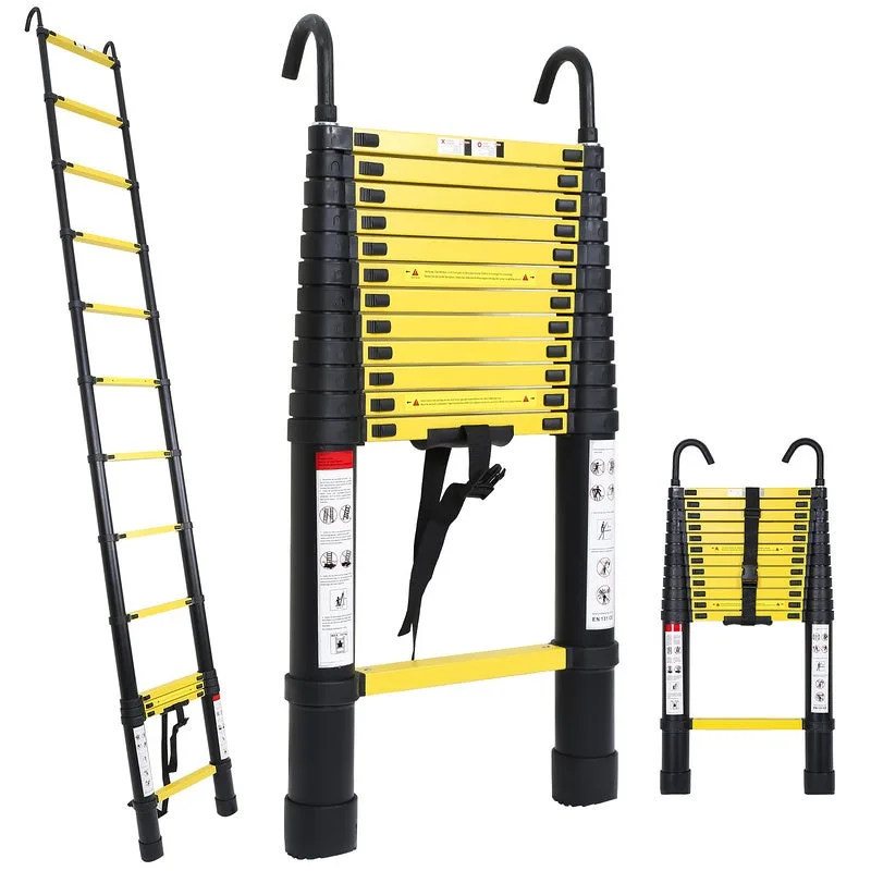 Escalera telescópica con extensión de gancho escalera de hasta 150 kg escalera de aluminio estable negro + amarillo 3,8 m
