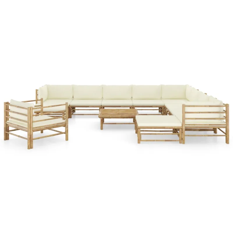 12 muebles de jardín con cojines de bambú blanco crema.