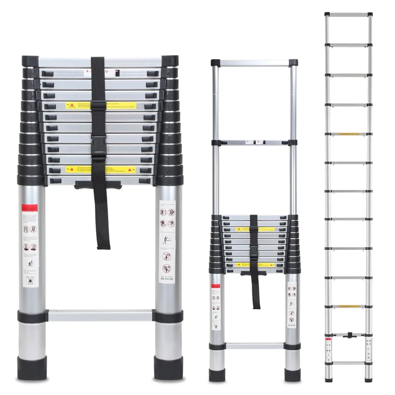 Escalera plegable de aluminio 5m, telescópica, con barandilla removible, extensible y ajustable.