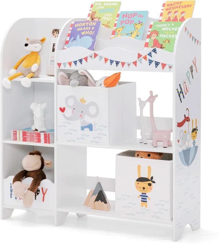 Estantería infantil para niños con 5 estantes de madera y 2 cajones de tela, armario para juguetes y libros, mueble infantil para dormitorio salón