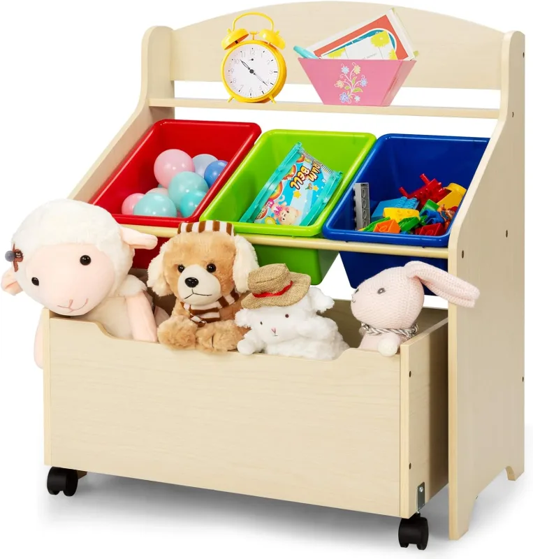 Mueble de almacenamiento para juguetes de madera con 3 cajas de plástico extraíbles, con 2 ruedas, estante de juguetes para habitación de niños, sala