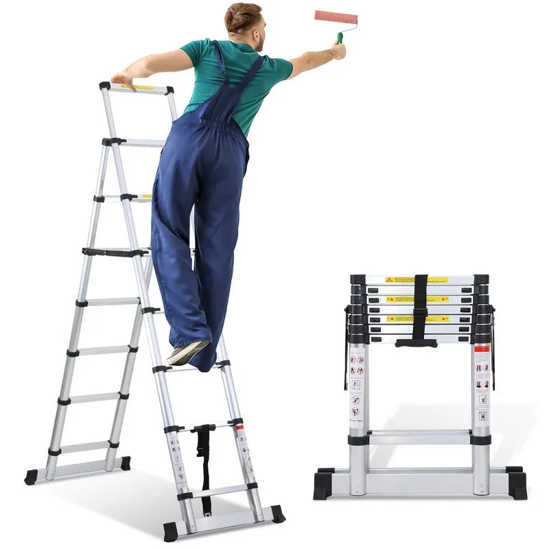 Escalera telescópica 2,0m+2,3m hasta 150 kg escalera de tijera de aluminio estable con balancín carga máx. 150 kg