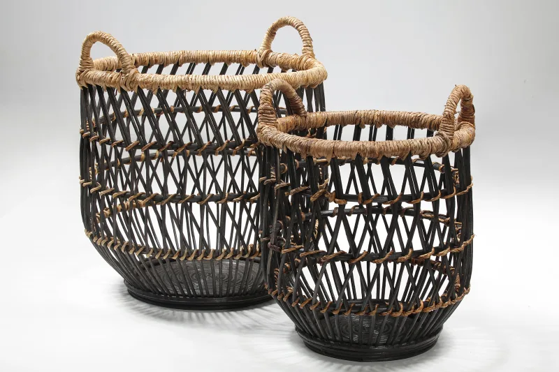 Cestas redondas de ratán tejido negro bukit l&m - juego de 2 - ø48 x h53 y ø36 x h45 cm - cesta decorativa - estilo natural - jarrón decorativo