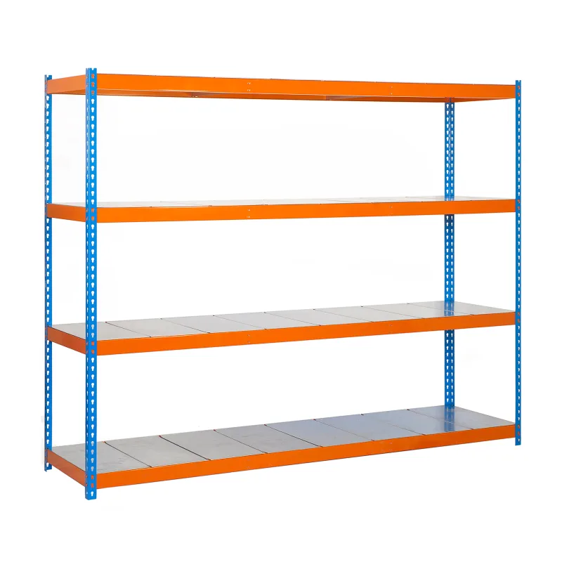 Estantería metálica sin tornillos simonrack de 4 estantes (200x120x45cm) azul-naranja y galvanizado