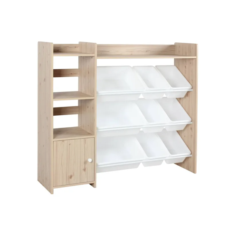 Mueble para niños con 9 cubos, 4 estantes y 1 puerta, sora, natural, 111.8x29.7x100 cm