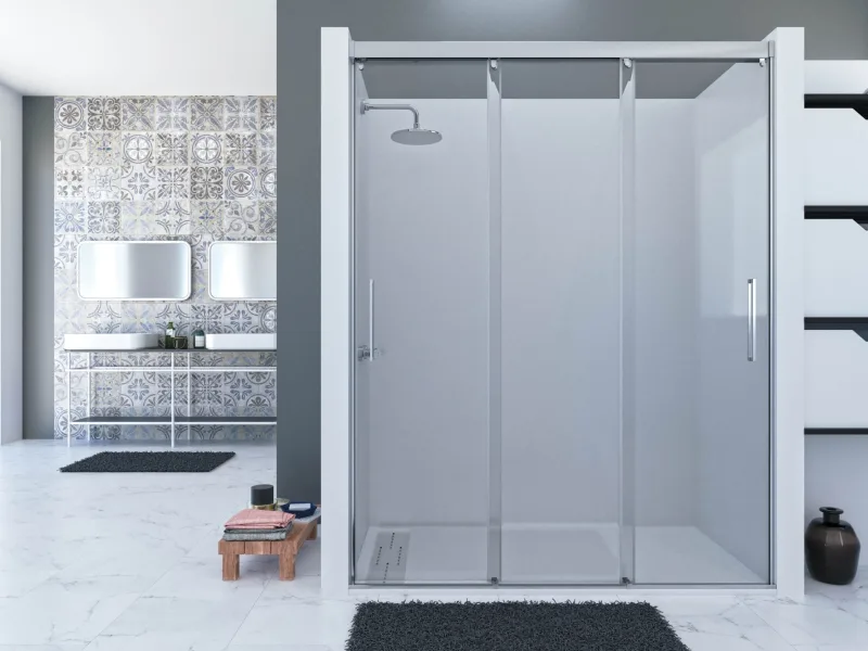 Mampara frontal corredera sin perfil inferior. cristal templado de 6mm. altura 200cm. perfil cromo alto brillo. las 3 puertas son correderas.