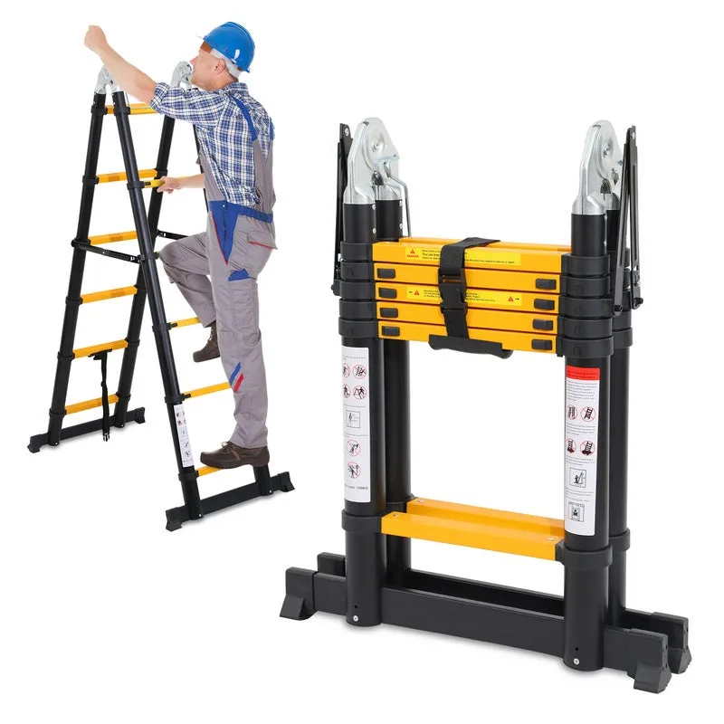 Escalera telescópica de aluminio multifunción escalera plegable portátil de 3,8 m (1,9 m + 1,9 m), amarillo + negro