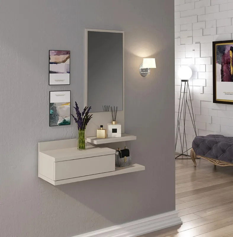 Recibidor con cajón y espejo – consola de entrada color beige 116 x 27,4 x 81 cm – mueble auxiliar moderno y funcional para pasillos o entradas