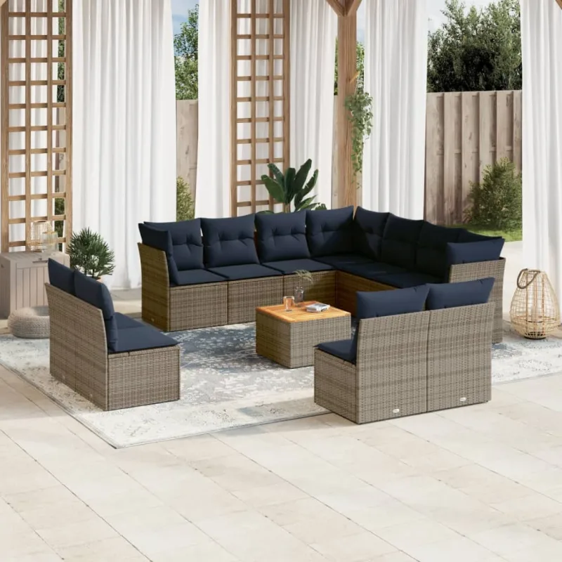 Conjunto de muebles de jardín con 12 cojines de mimbre de resina gris
