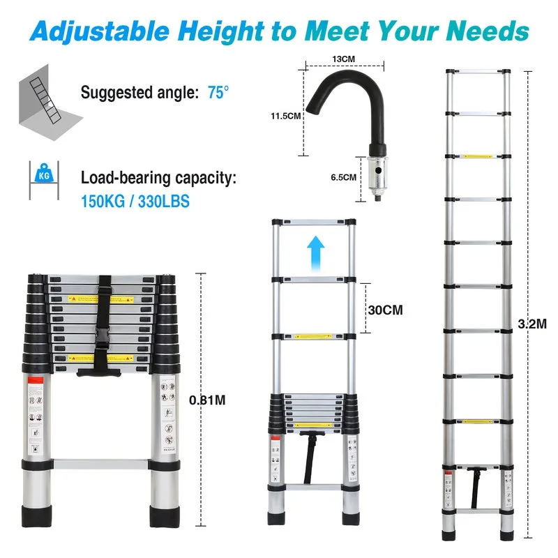 Escala telescópica de aluminio escala multiuso 3.2m plata con ganchillo escala doble de aluminio estable hasta 150kg