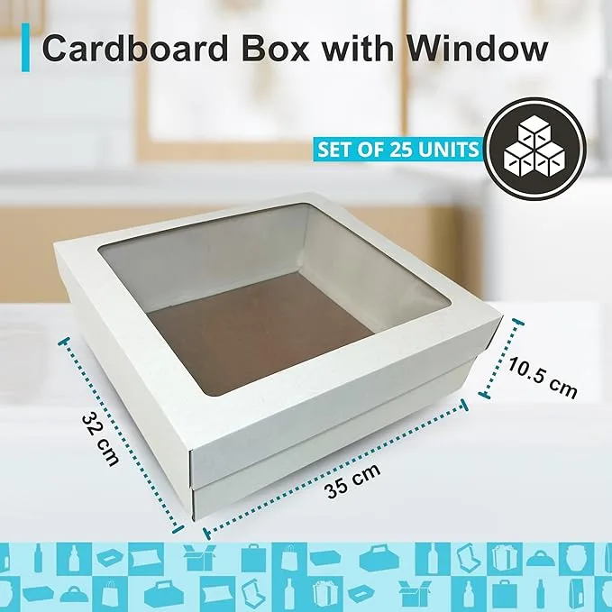 25 cajas blancas con ventana 350x320x105 mm para regalos, repostería, cumpleaños, bodas, hecho a mano y pasteles