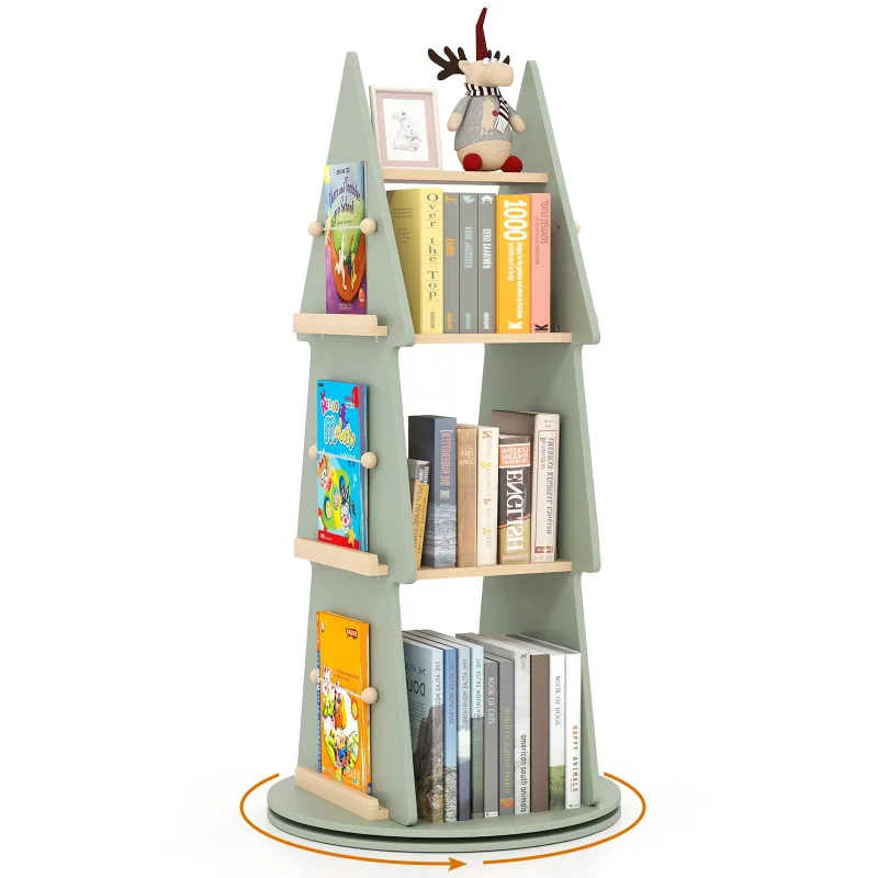 Librería giratoria con forma de árbol, librería infantil con esquinas redondeadas, superficie lisa, base antideslizante, estante infantil de 4 niveles