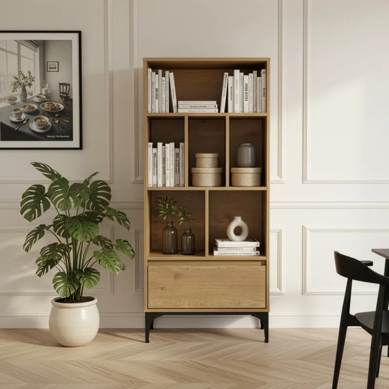 Librería kistiandi 6 compartimentos abiertos 137x60x35 cm - efecto roble oscuro [en.casa]